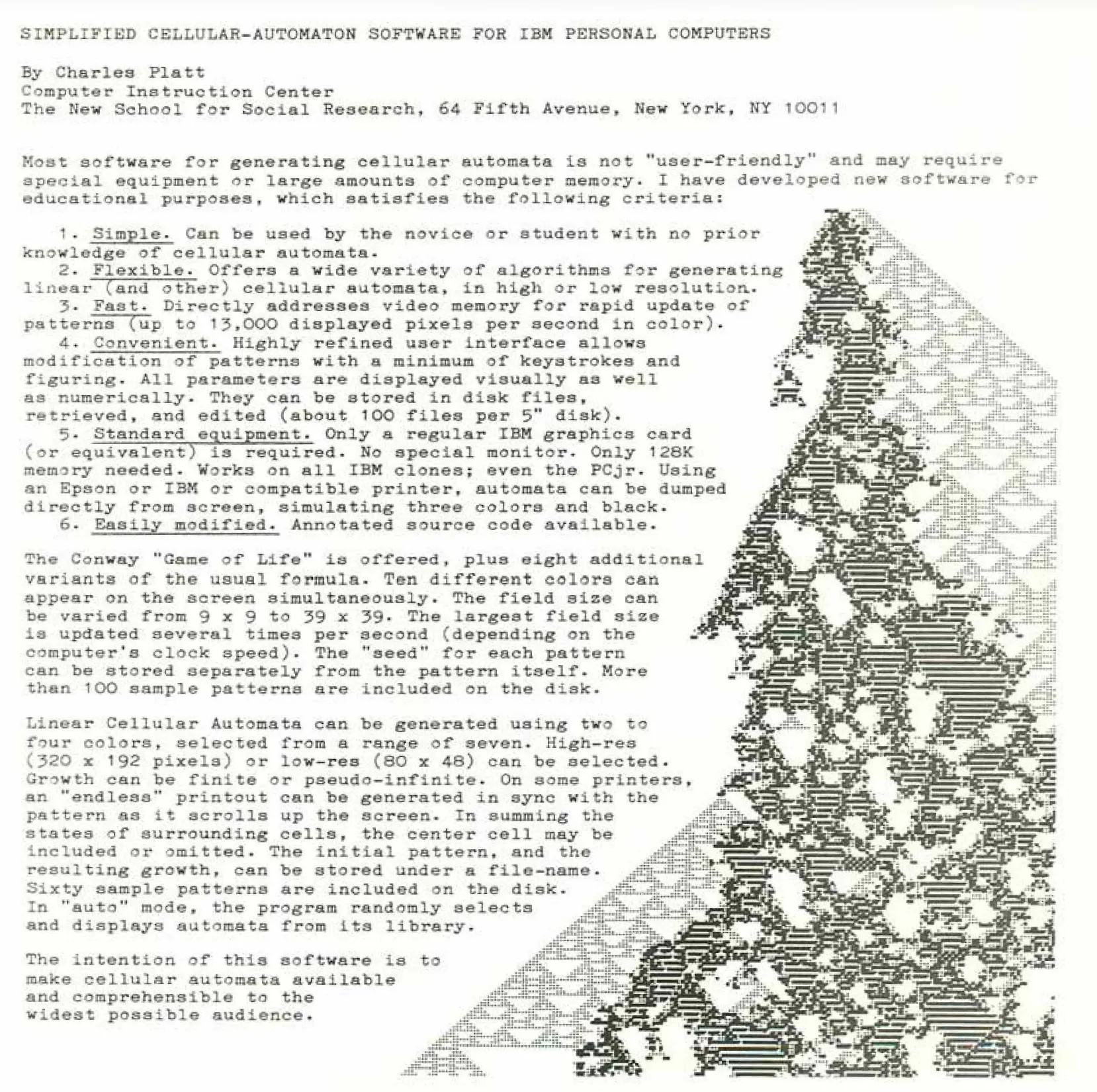 Charles Platt's simplified cellular-automaton software page with linear CA triangle pattern, from Cellular Automata '86 Conference