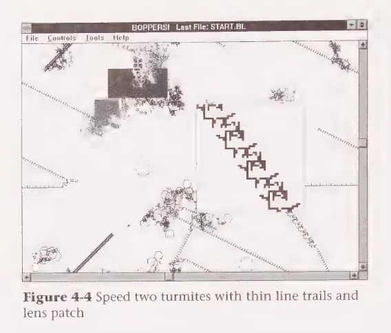 Rucker Figure 4-4 showing speed two turmites with thin line trails and a lens patch